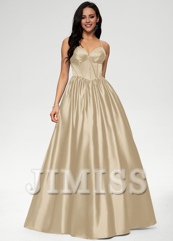 Ball-Gown/Princess V-neck pleated floor-length satin prom dress