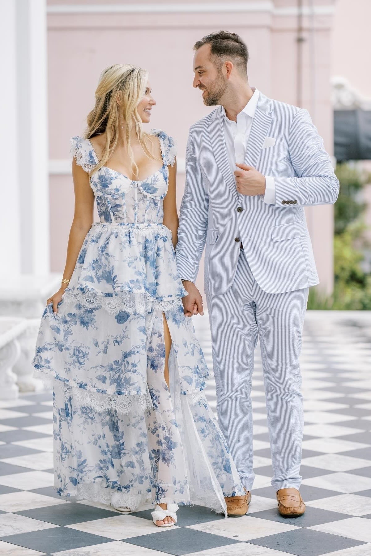 A Line Sweetheart Blue Floral Printed Long Party Dresses