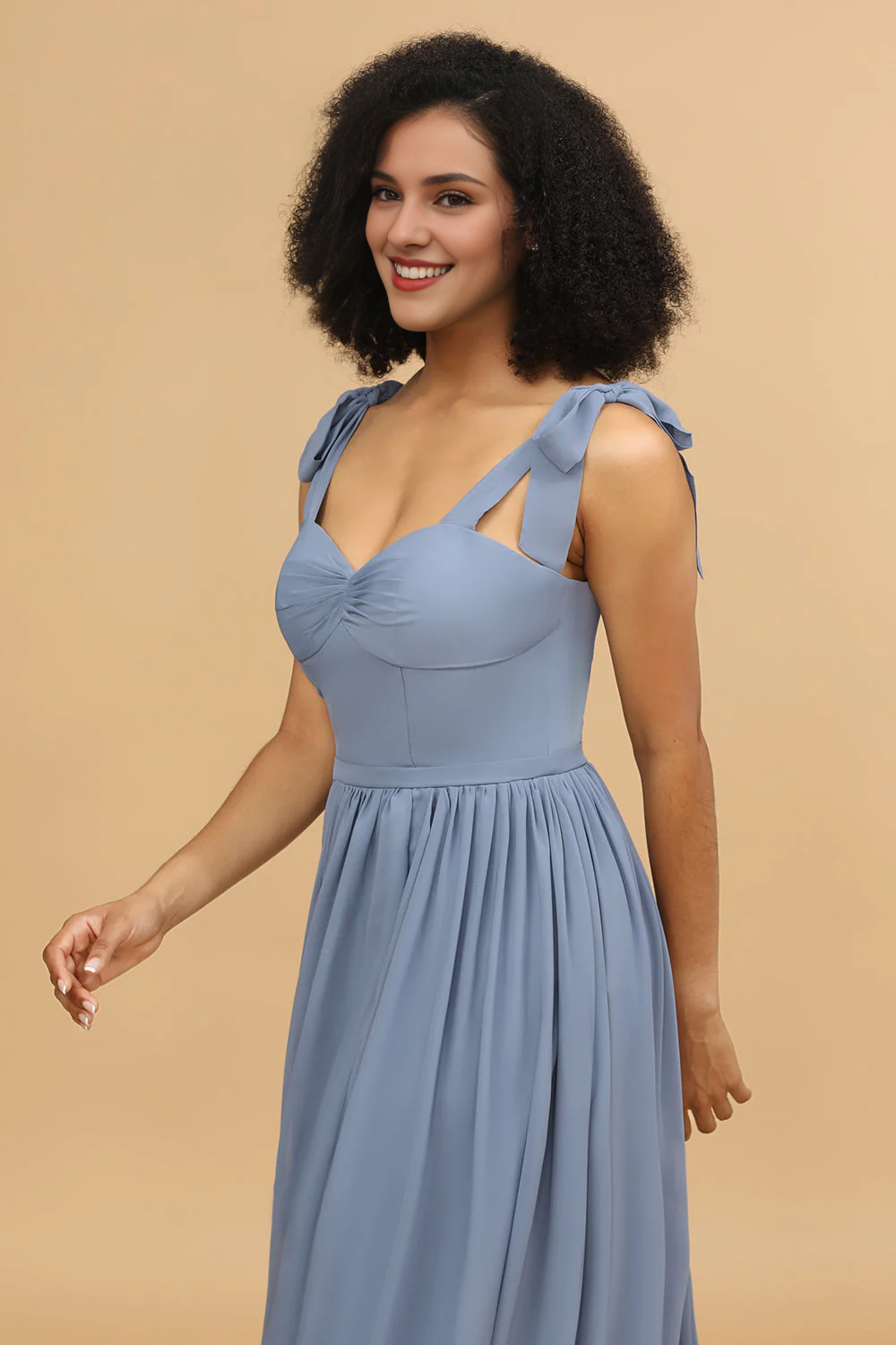 Grey blue A-line floor mopping chiffon slit bridesmaid dress