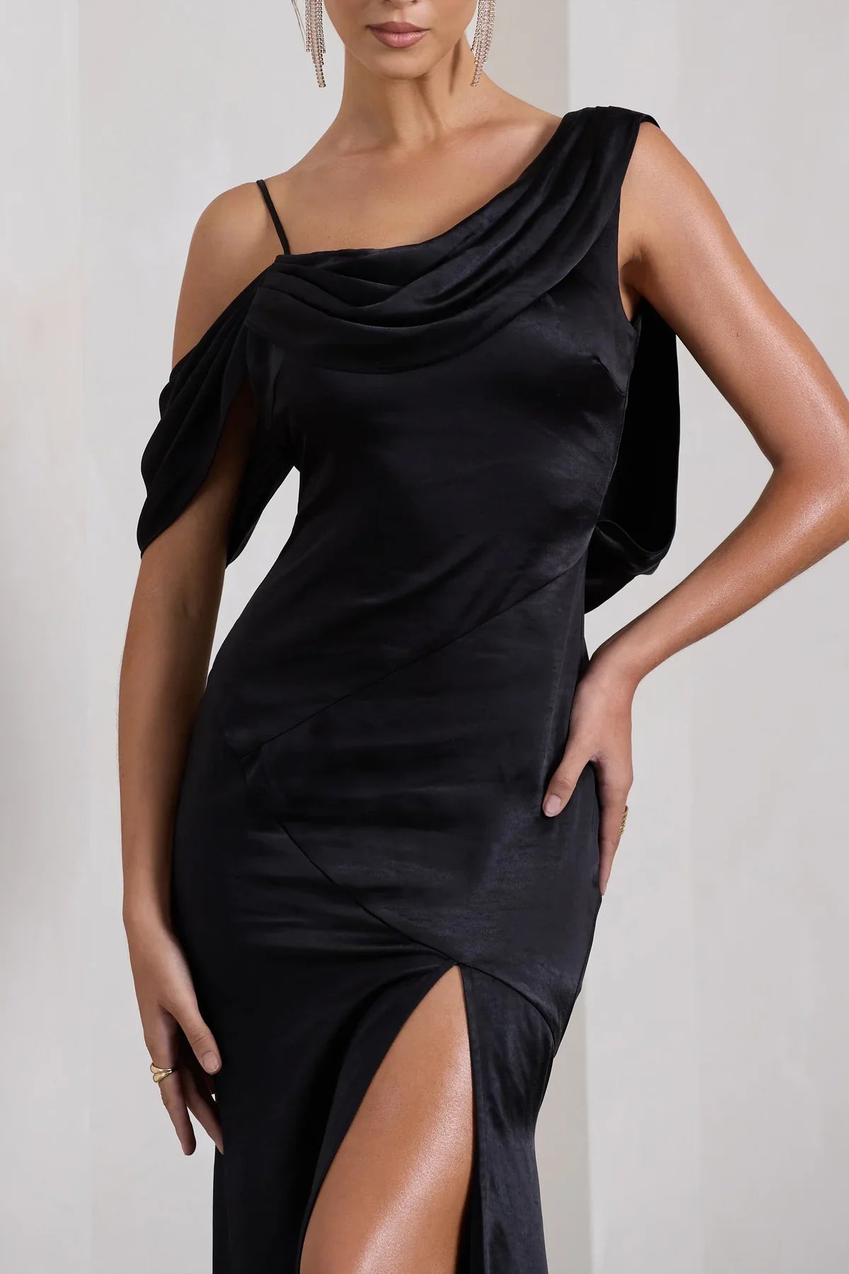 Asymmetric hanging slit and floor length evening dress with satin fabric - Jimiss dress