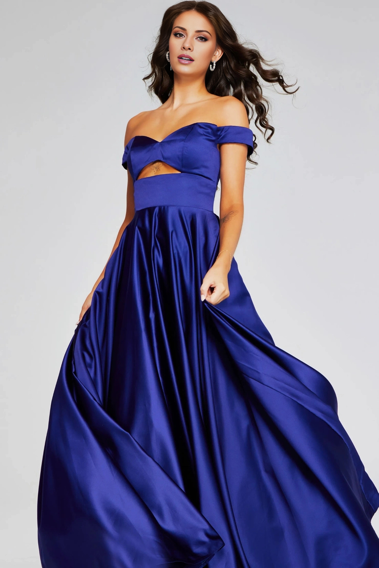 A-line off shoulder satin and floor length evening gown