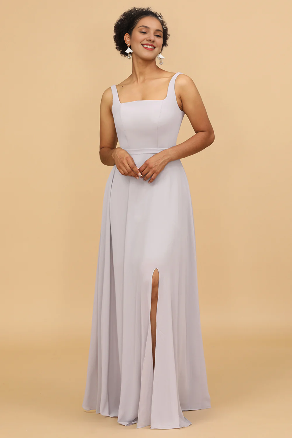 Grey tight square neck long chiffon bridesmaid dress