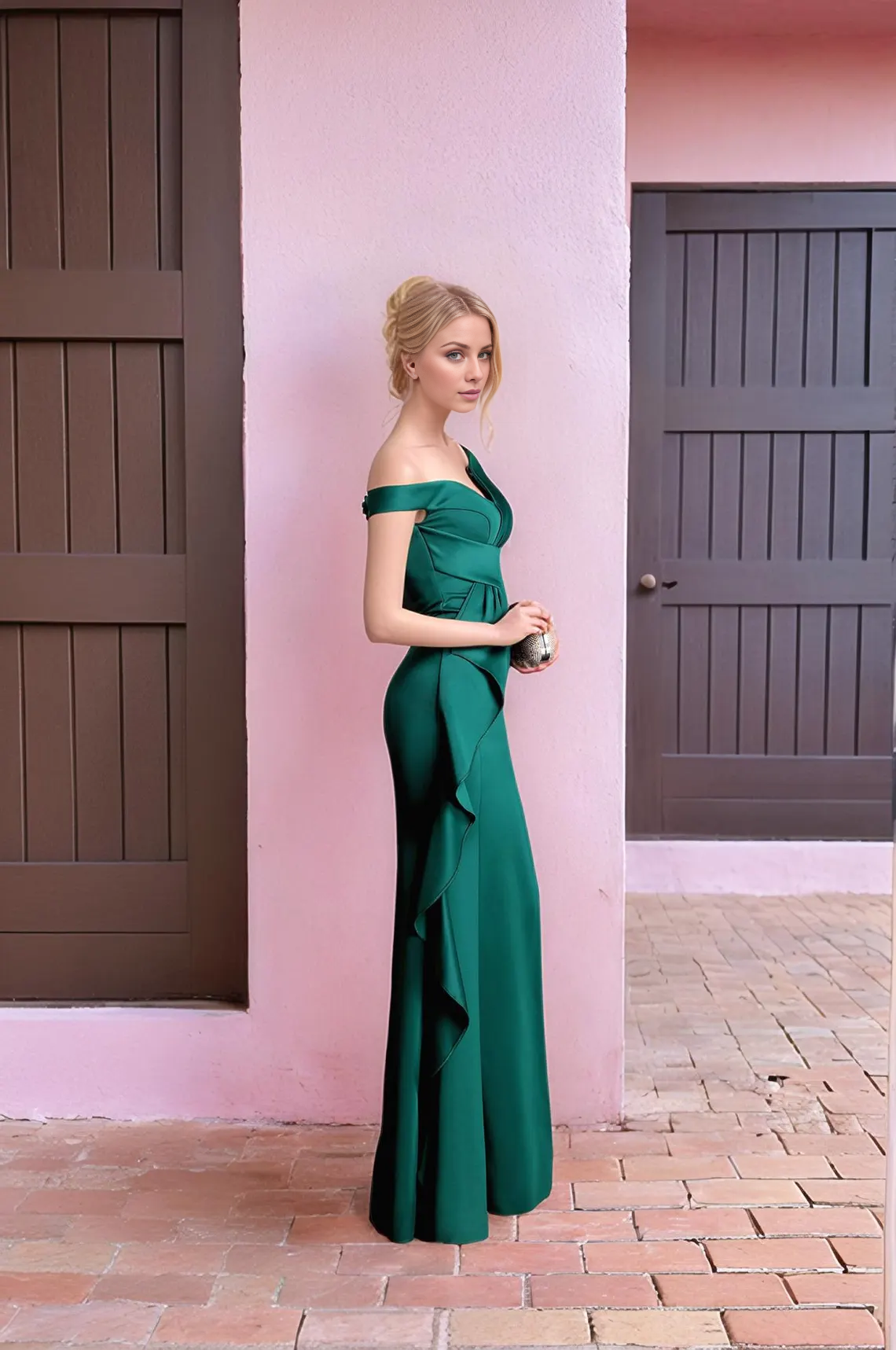 Jimiss off shoulder collar with ruffled edges, side split and floor length Prom dress