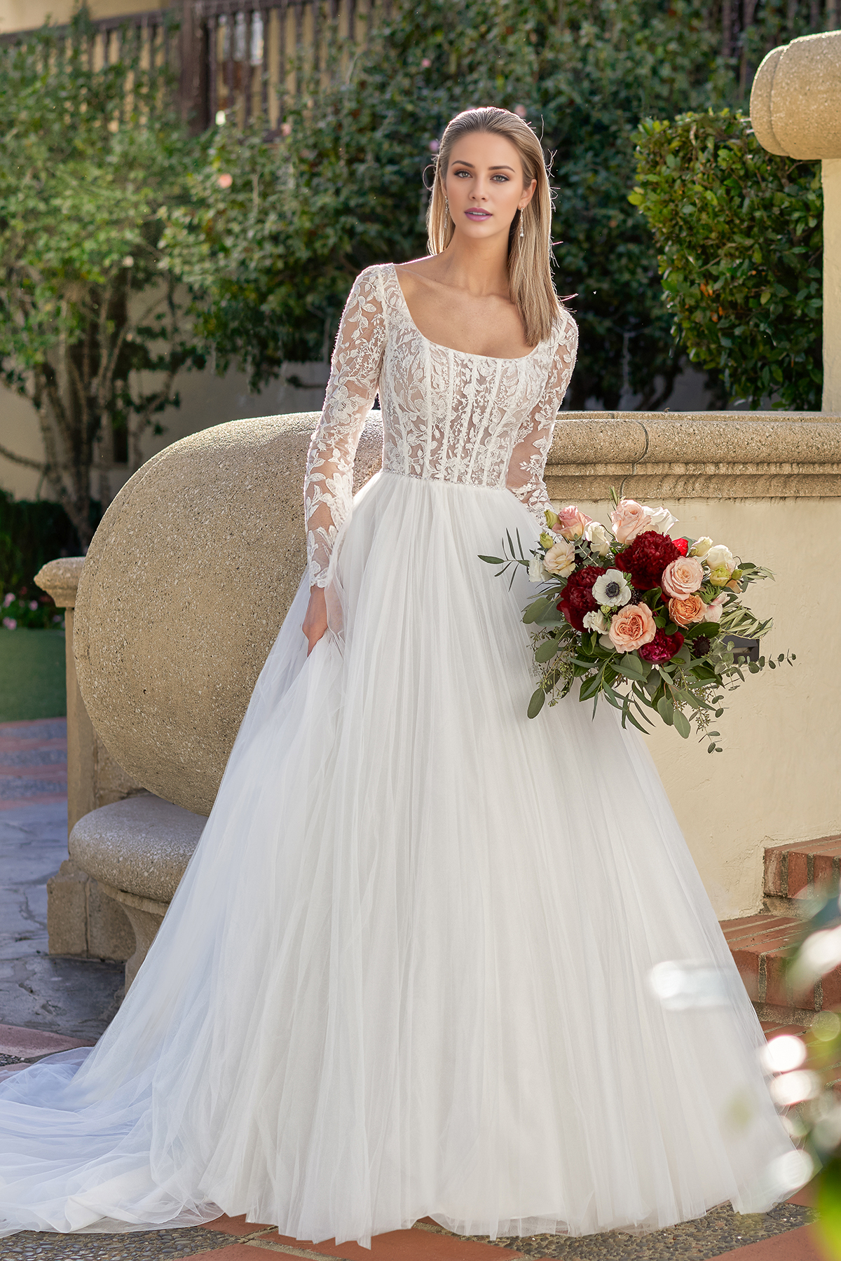 A-line square collar embroidered lace chiffon and floor length wedding dress