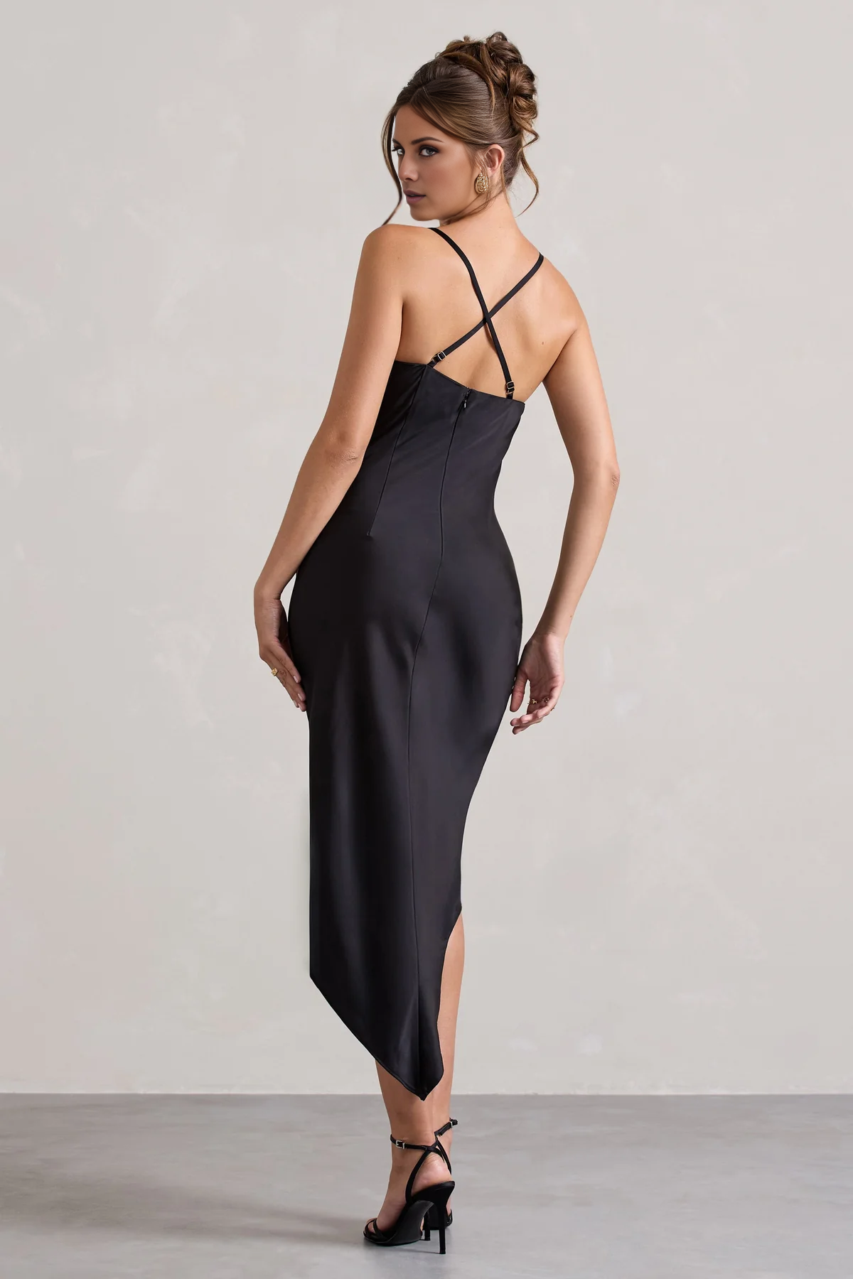 Asymmetric hanging collar backless satin mid length evening dress - Jimiss dress
