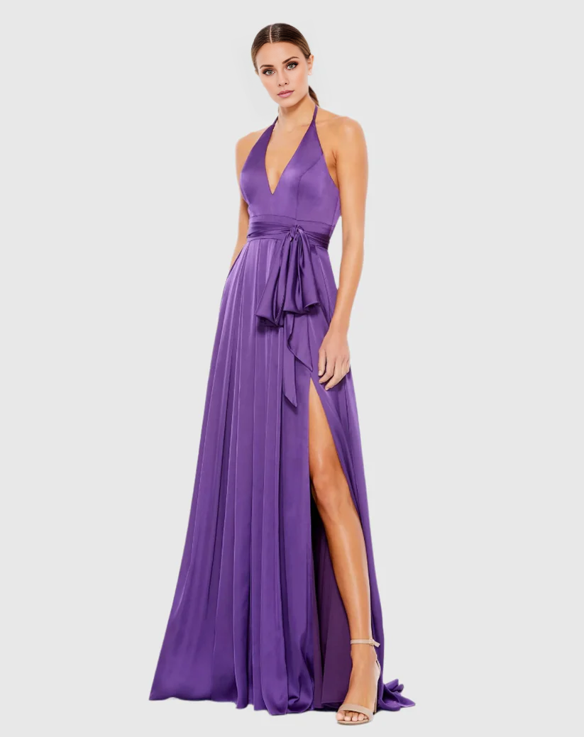 Halter neck V-neck sleeveless satin side slit floor-length evening dress