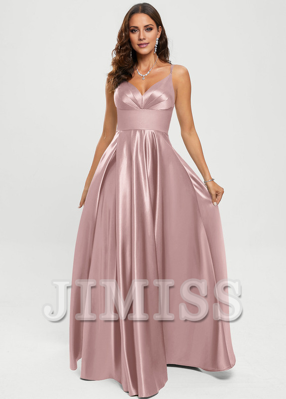 A-line V-neck floor-length satin prom dress