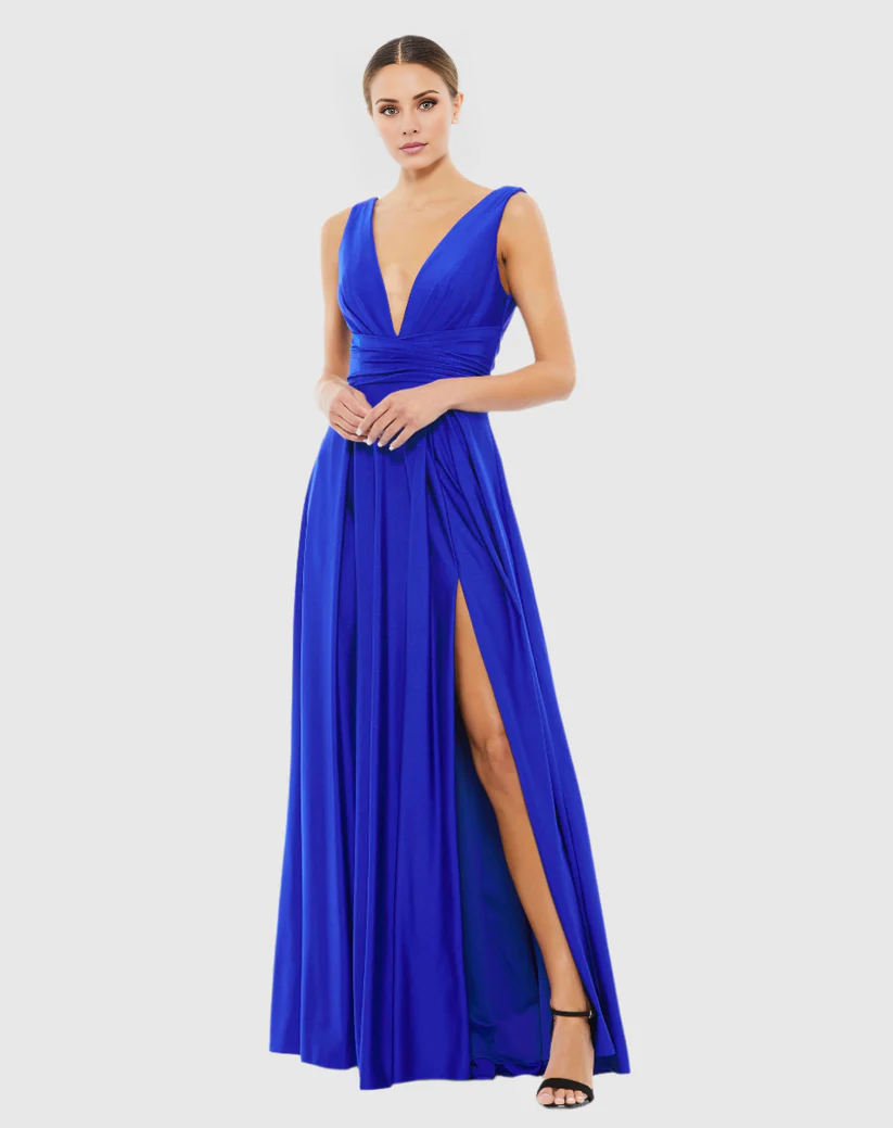 Deep V neckline sleeveless backless side slit floor length evening dress