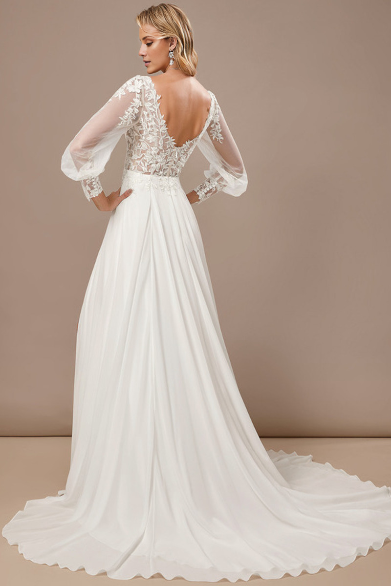 A-line V-neck palace trailing long sleeved lace chiffon wedding dress