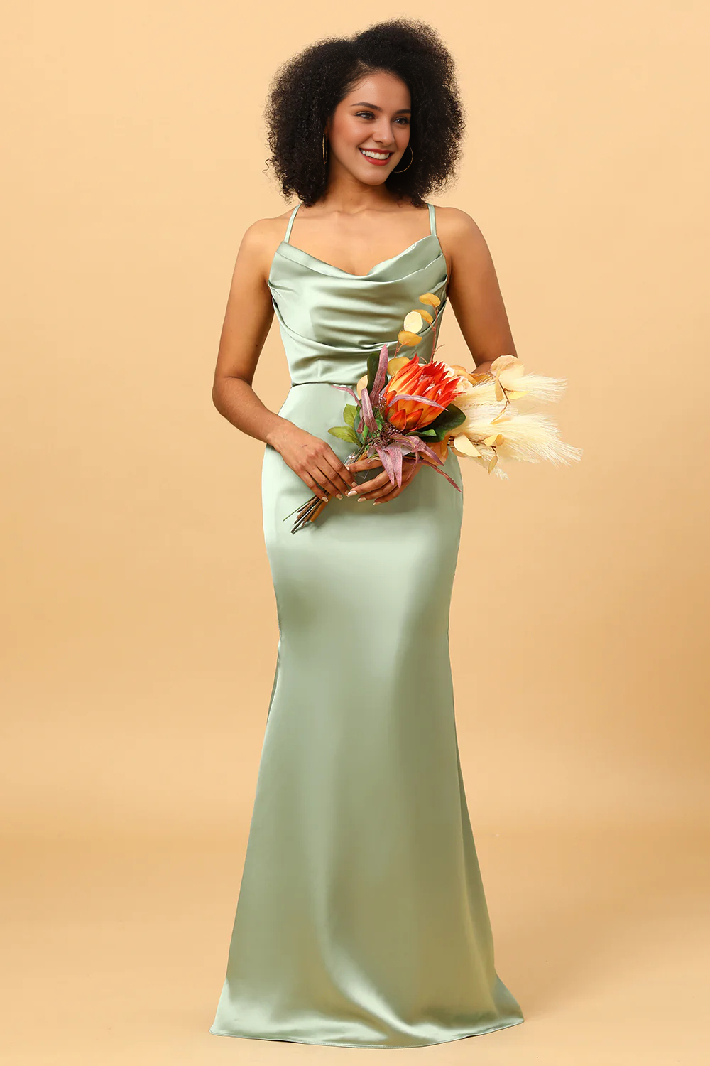 Sage fishtail neckline long satin bridesmaid dress