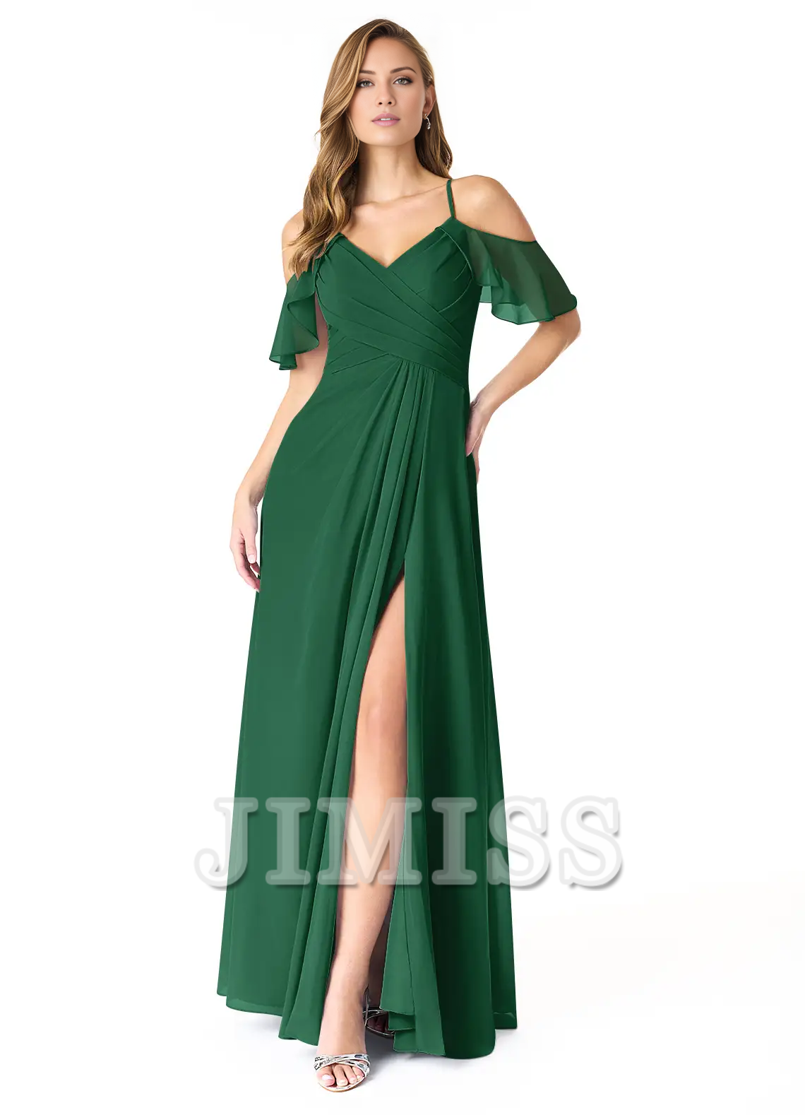 A-line V-neck pleated chiffon side slit and floor length bridesmaid dress - Jimiss Dress