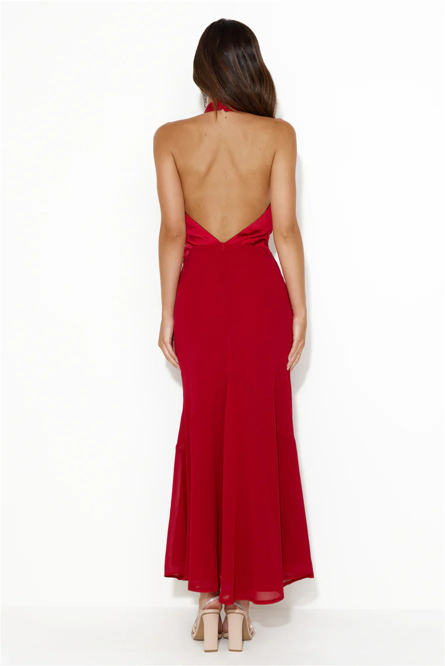 Jimiss deep V-neck hanging satin backless long Prom dress