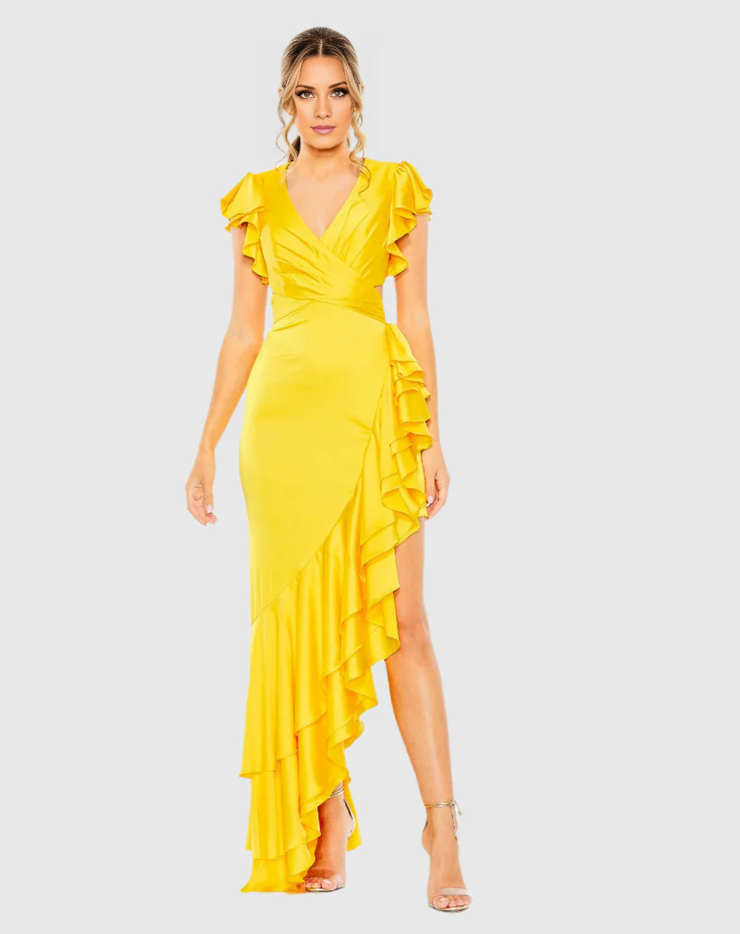 Ruffle sleeves hollow asymmetric ruffled floor-length evening dress