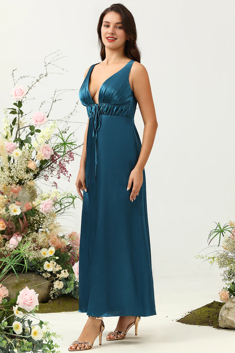 Dark blue tight fitting deep V-neck shiny satin bridesmaid dress