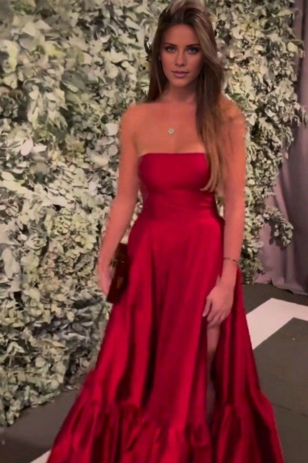 Jimiss off shoulder pleated A-line slit and floor length dress