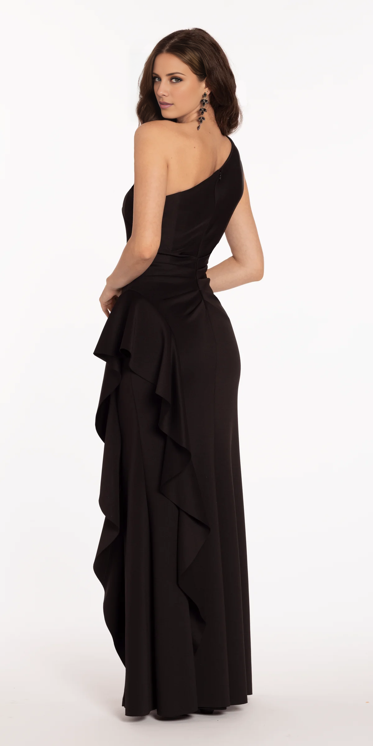Jimiss asymmetrical collar tight corset with ruffled edges and floor length Prom dress