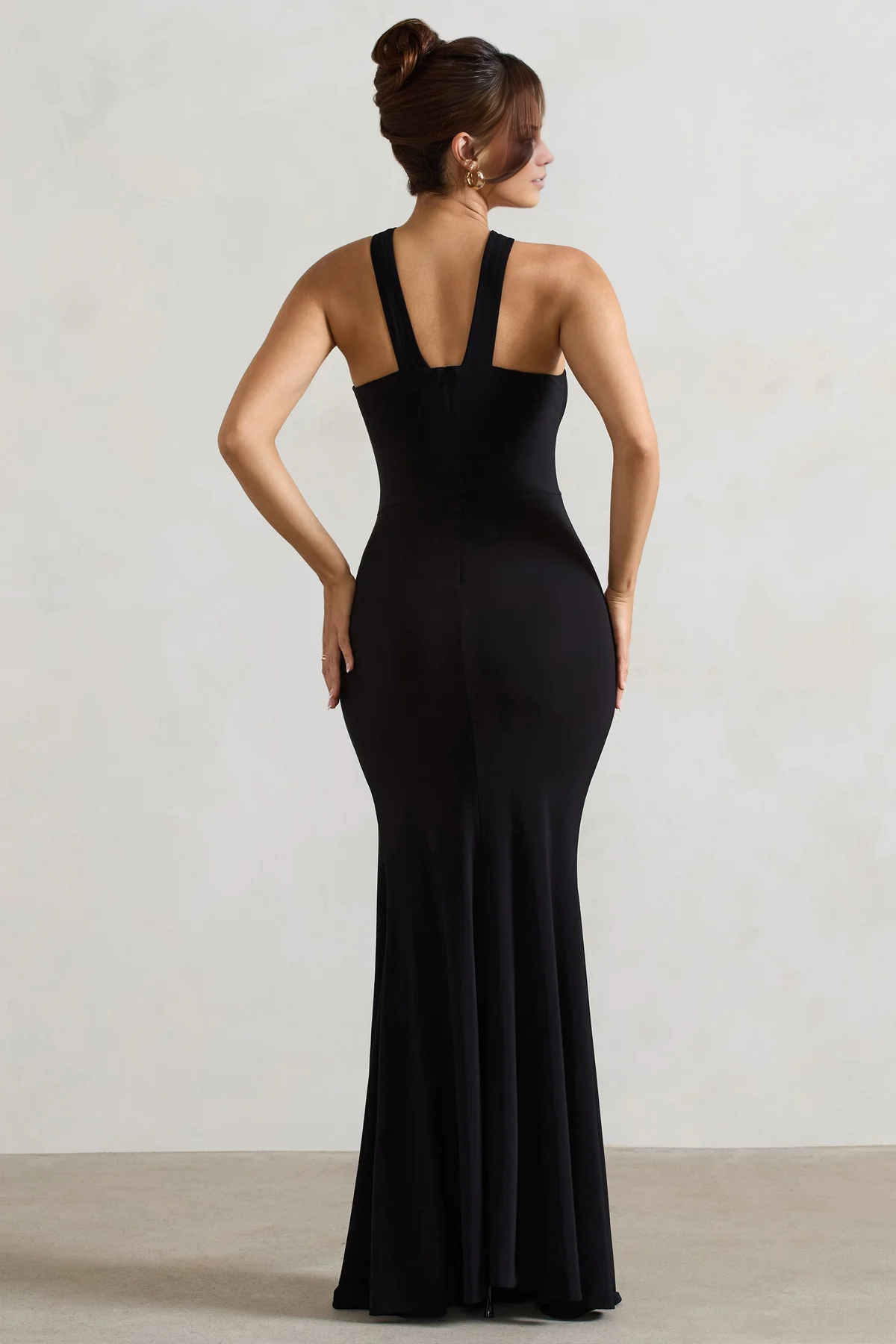 Cross neck off shoulder collar with side slit and floor length evening dress - Jimiss Dress