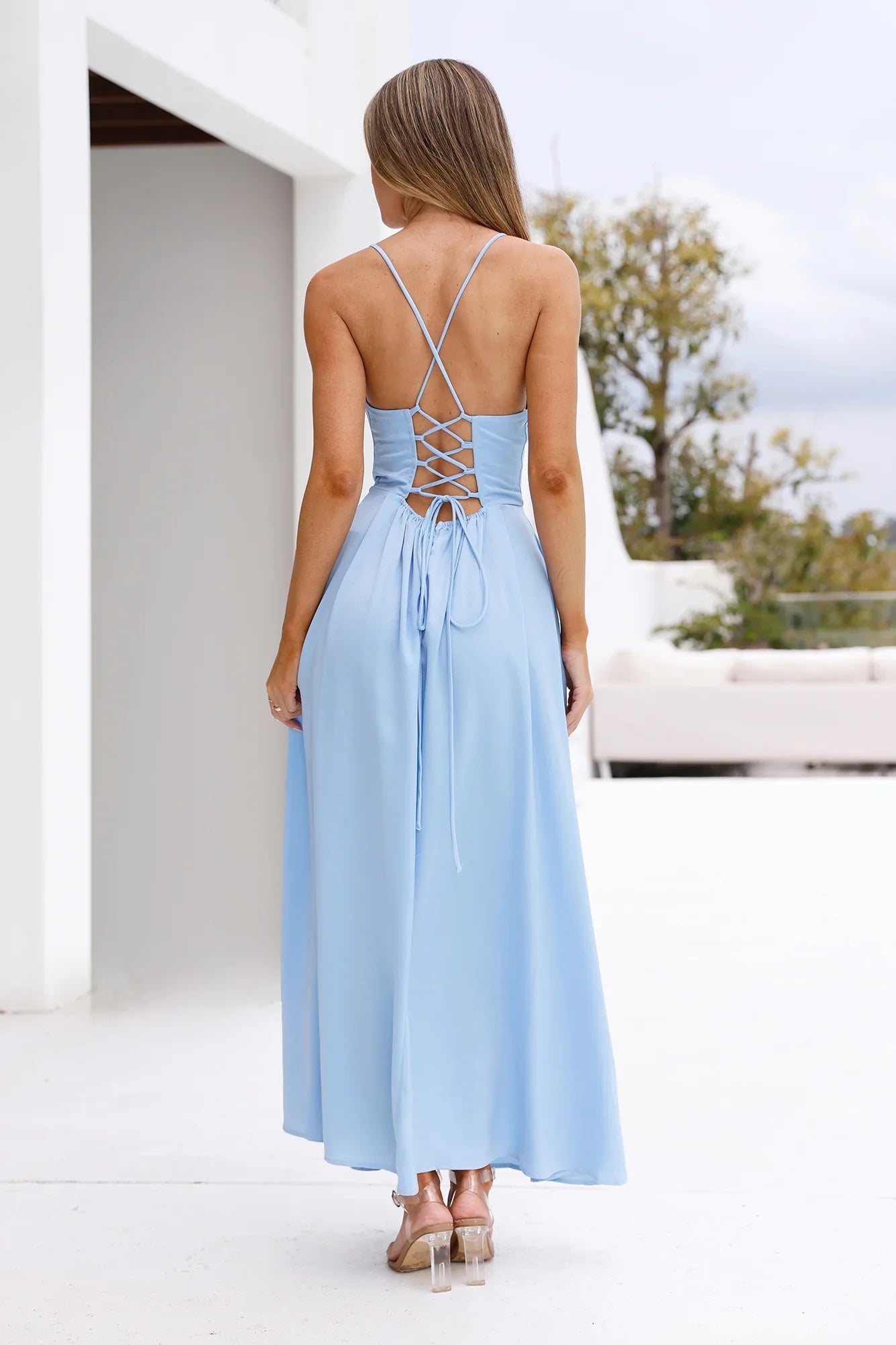 Jimiss asymmetrical neckline thin shoulder straps side split and floor length Prom dress