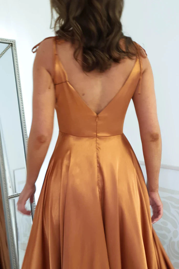 Thin shoulder strap V-neck open back side slit and floor length Prom dress - Jimiss Dress