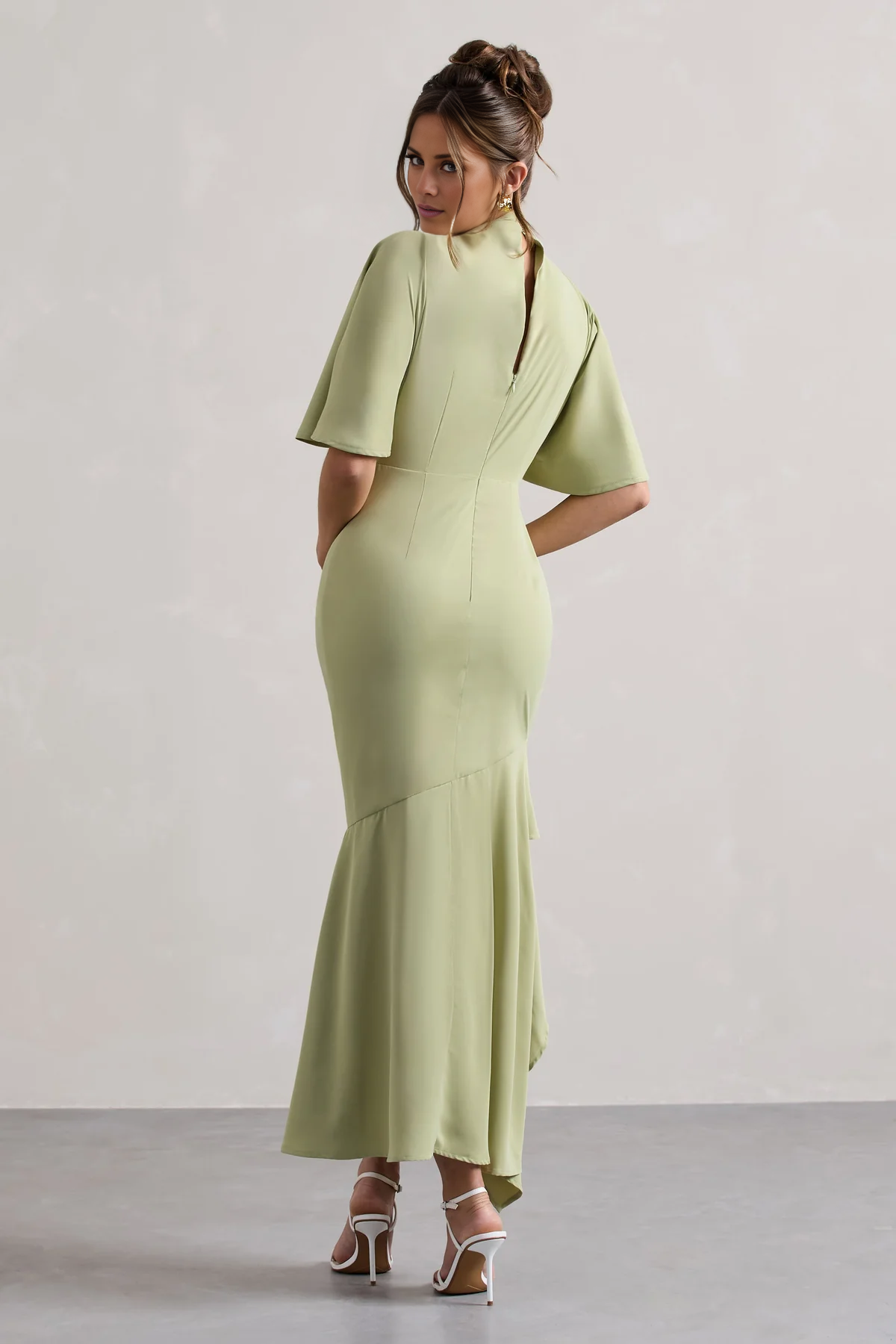 High neck ruffle sleeves asymmetrical hem and floor length evening dress - Jimiss Dress