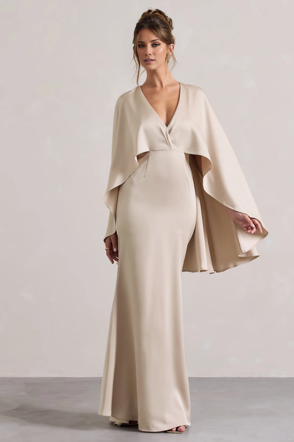 Cloak sleeves satin deep V-neck and floor length evening dress - Jimiss dress