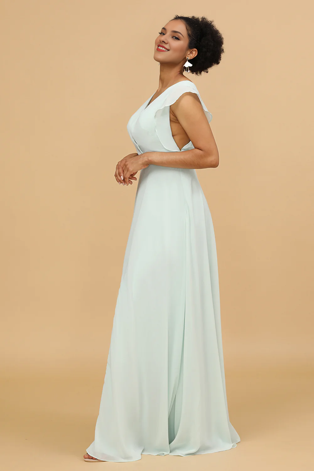 Mint V-neck long slit chiffon bridesmaid dress