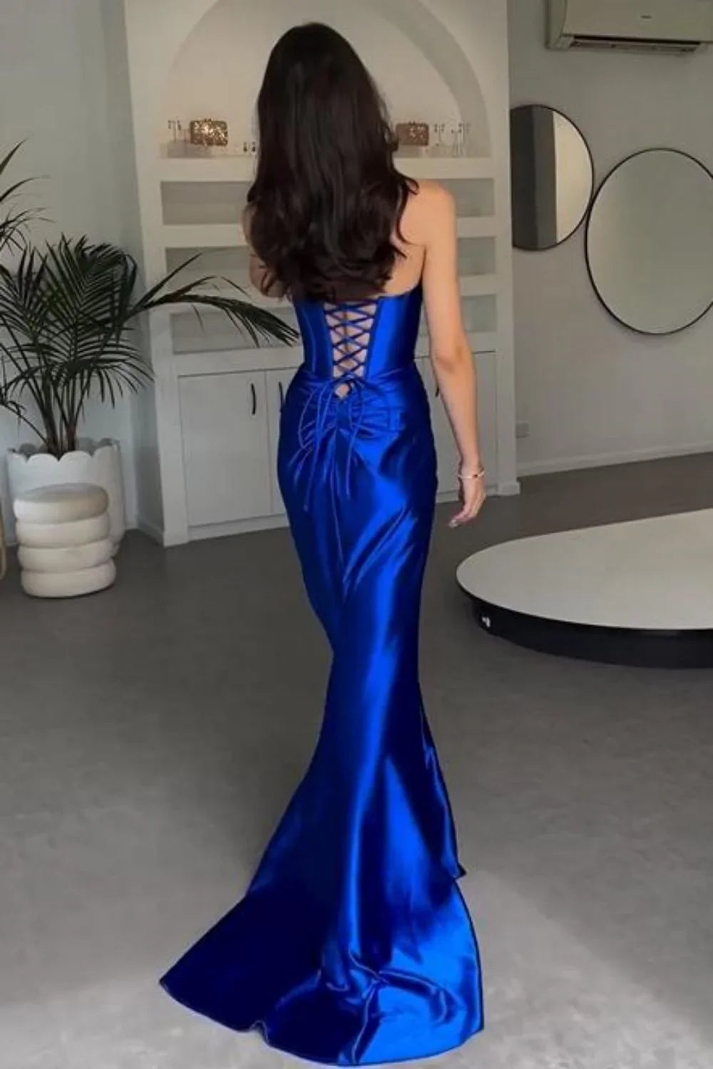 Jimiss Fashion Mermaid Off Shoulder Strap Long Satin Split Prom Dress