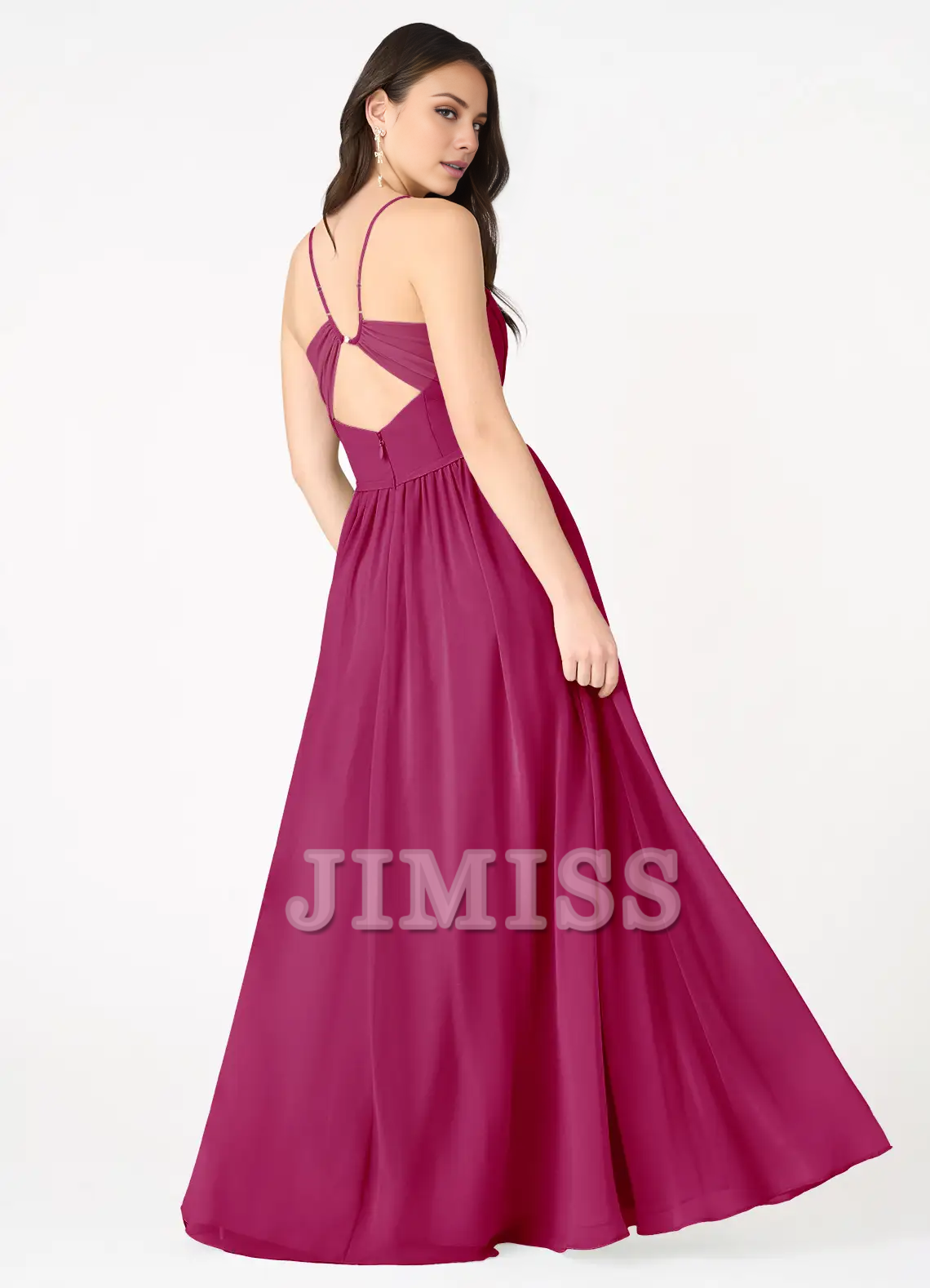 A-line V-neck slim shoulder strap backless and floor length evening dress