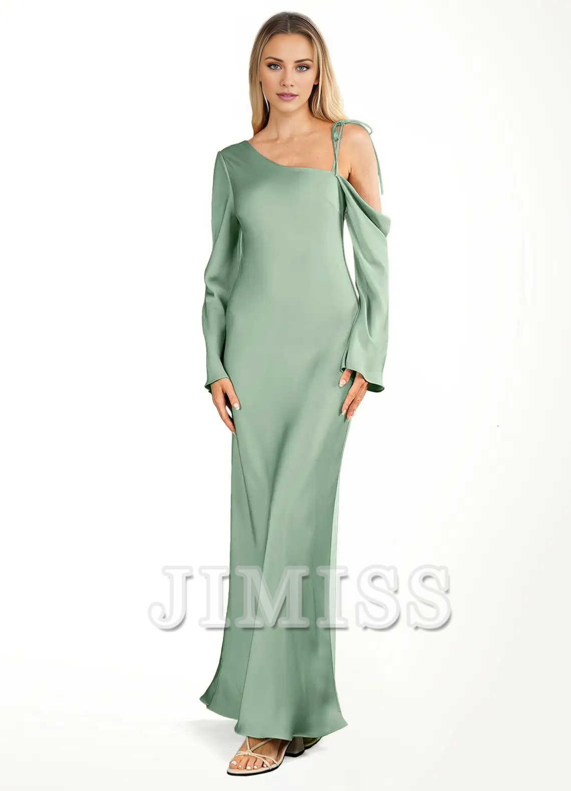 Asymmetric single shoulder collar satin and floor length evening dress