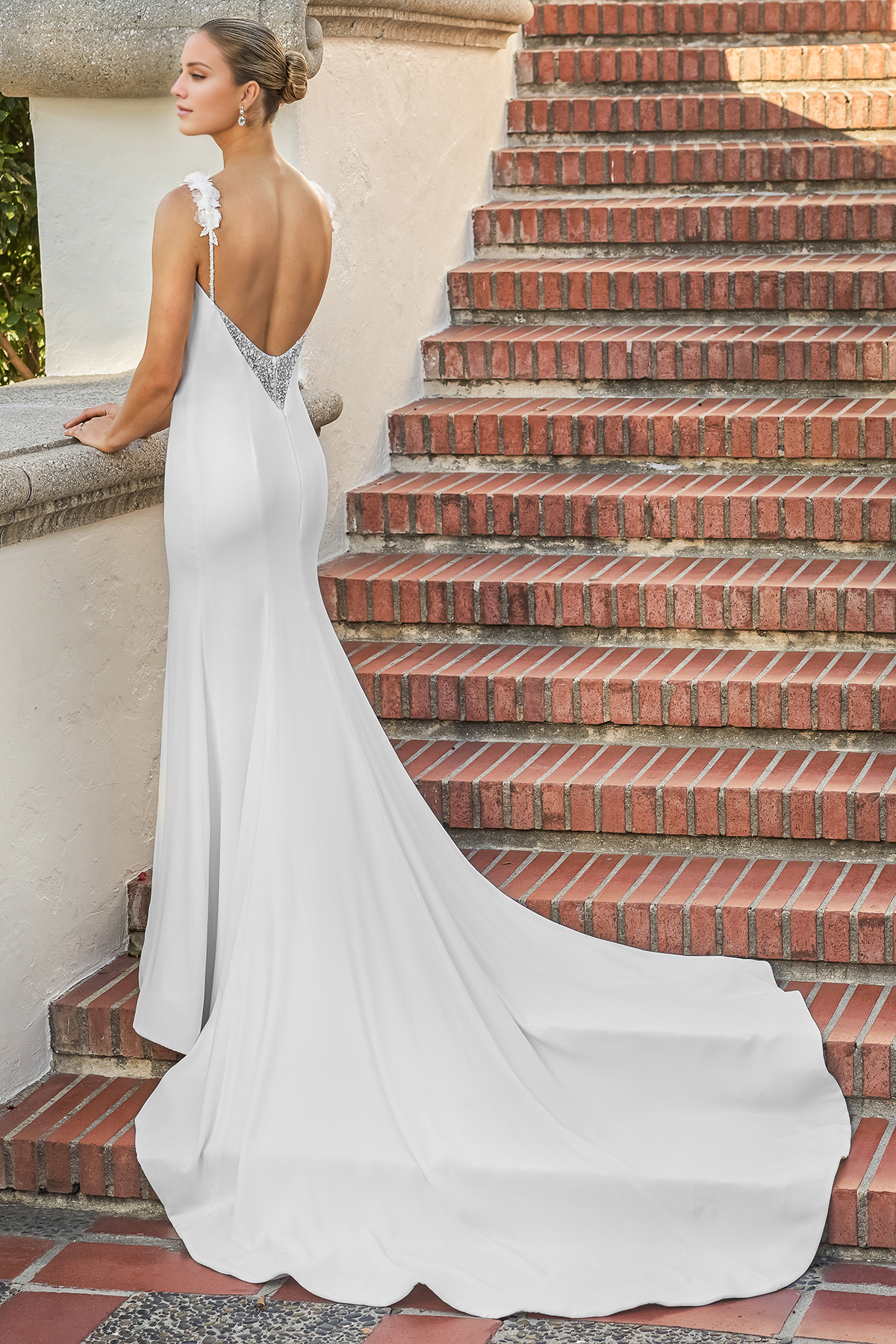 Boat shaped neck thin shoulder strap beaded embroidery lace and floor length wedding dress