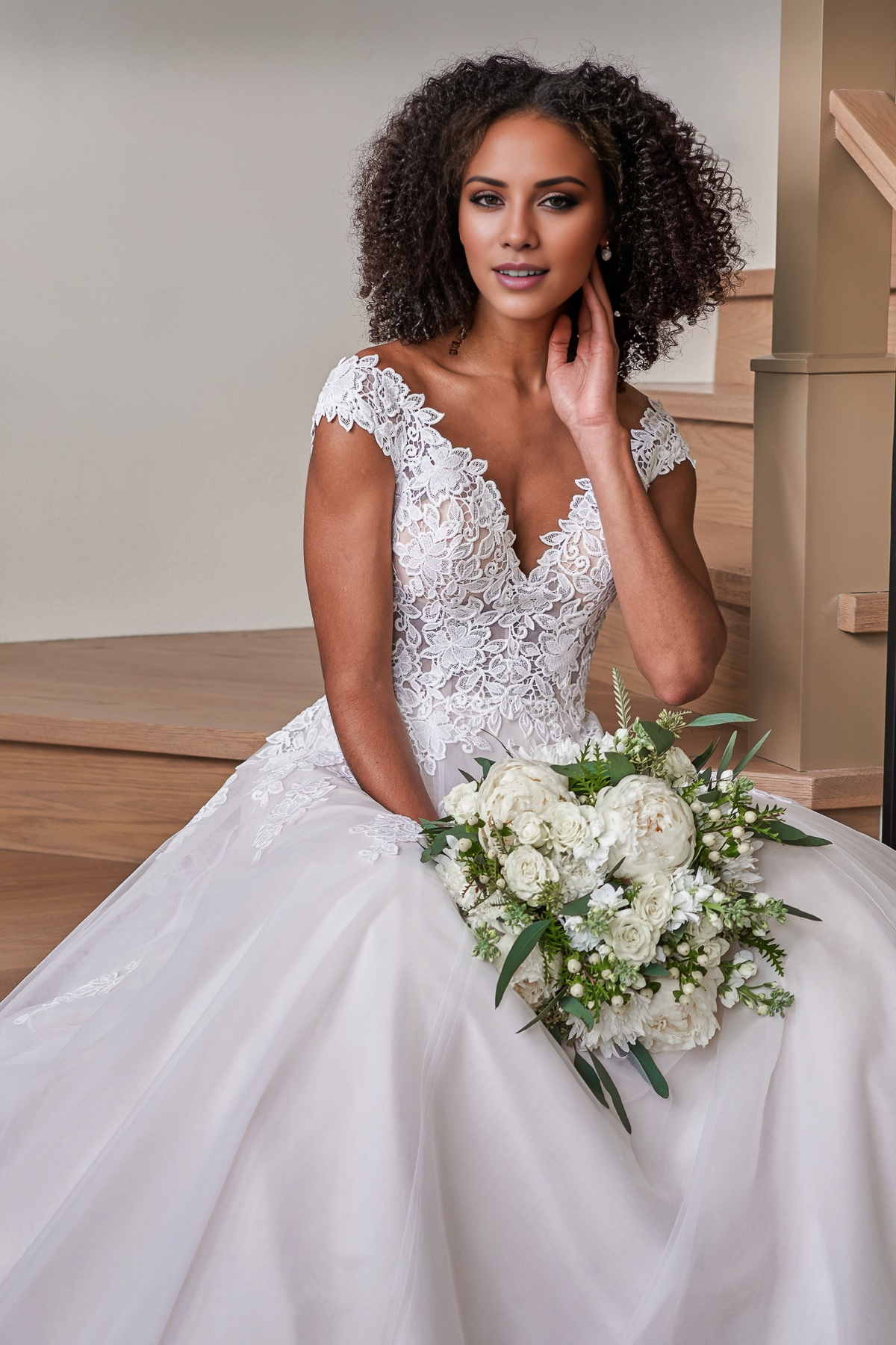 A-line off shoulder V-neck sheer and floor length wedding dress