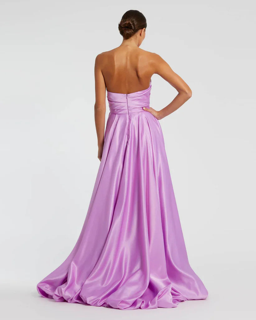 Strapless sleeveless pleated high-low skirt floor-length evening dress
