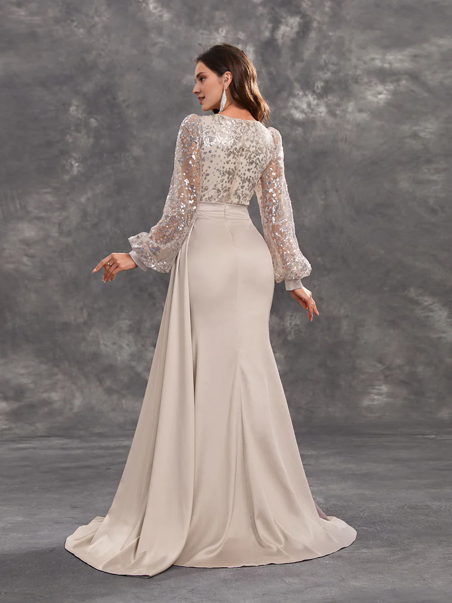 Lantern sleeve wrapped body splicing and ground length godons evening dresses