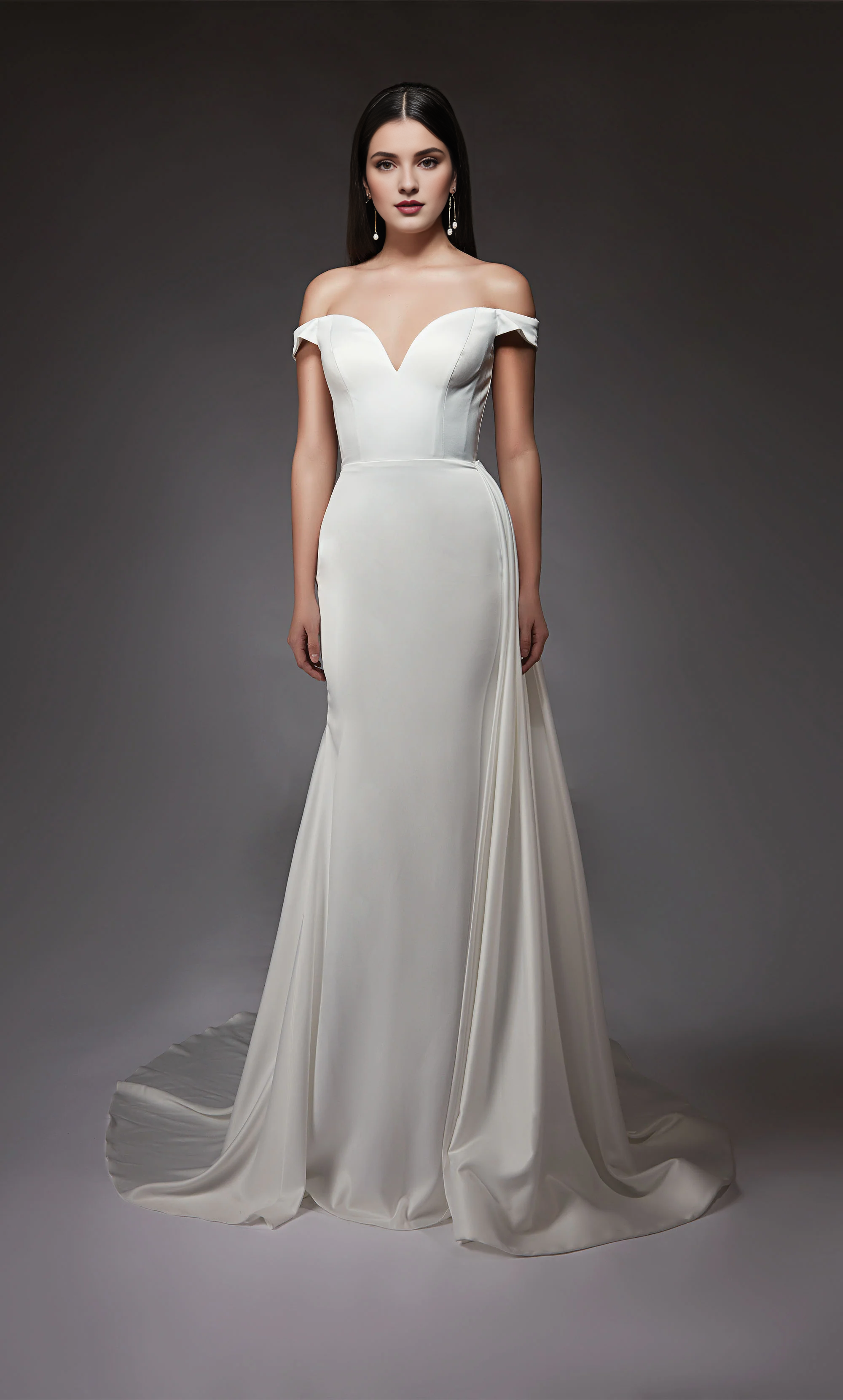 Chiffon satin off shoulder slim fit trumpet shaped satin button wedding dresses