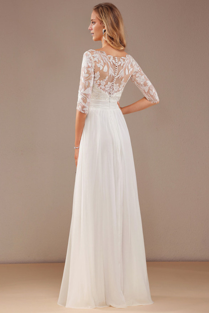 Sparkling ruffle A-line V-neck 3/4 sleeves and lace chiffon wedding dress