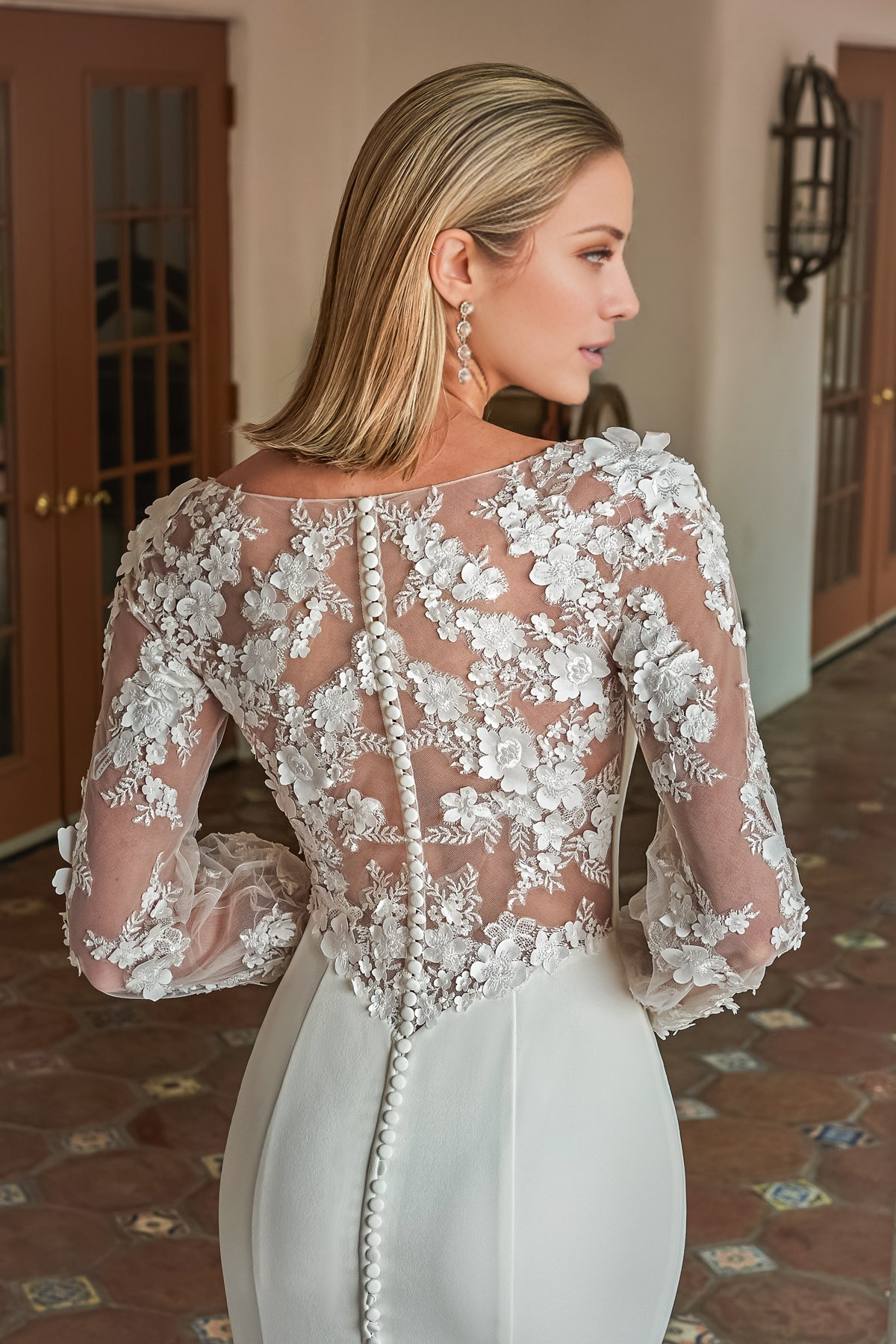 Deep V-neck 3D embroidered floral lace and floor length wedding dress