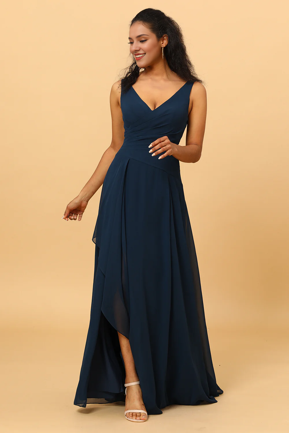 Deep Sea Army Blue A-line V-neck and floor length slit chiffon bridesmaid dress