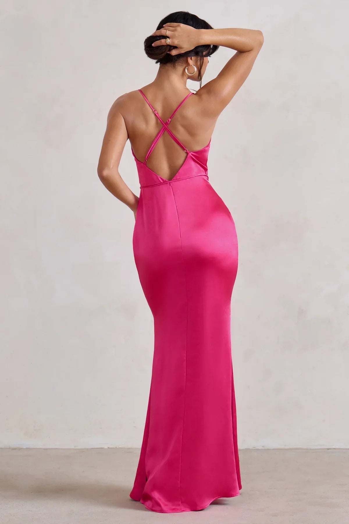 Thin shoulder strap satin cross back and floor length evening dress - Jimiss Dress