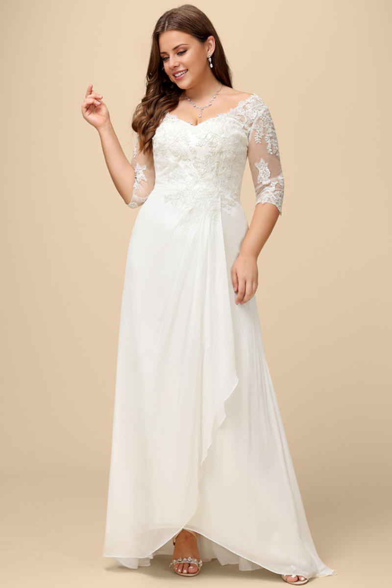 Lotus leaf edge A-line V-neck asymmetrical half sleeved lace chiffon wedding dress