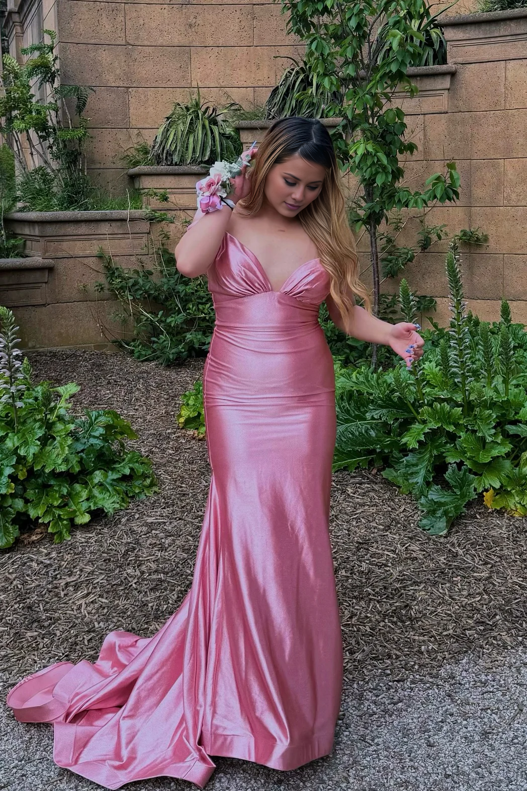 Jimiss V neck pink pleated mermaid satin long dress