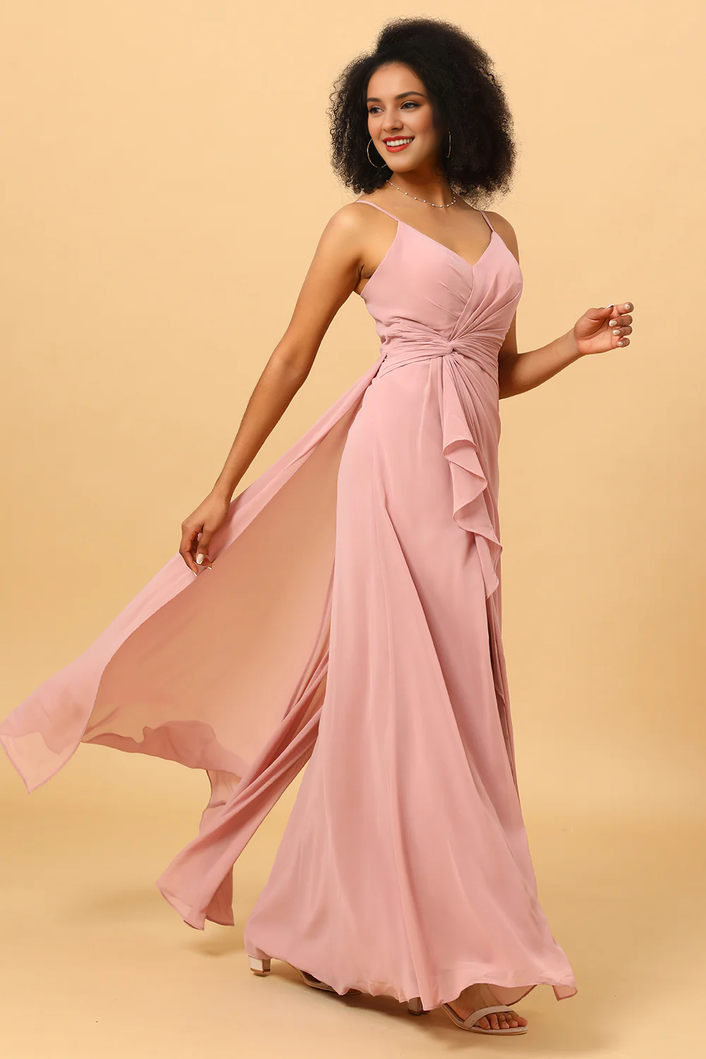 Pink A-line neck V-neck chiffon ruffle hem slit long bridesmaid dress