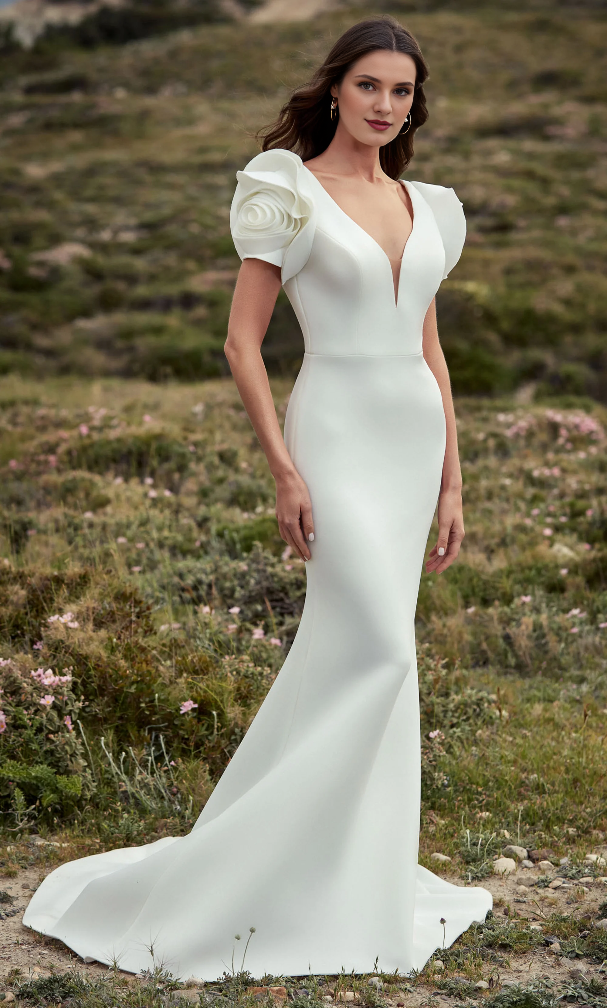 Deep V-neck slim fit trumpet shaped V-shaped back rose short sleeved wedding dresses