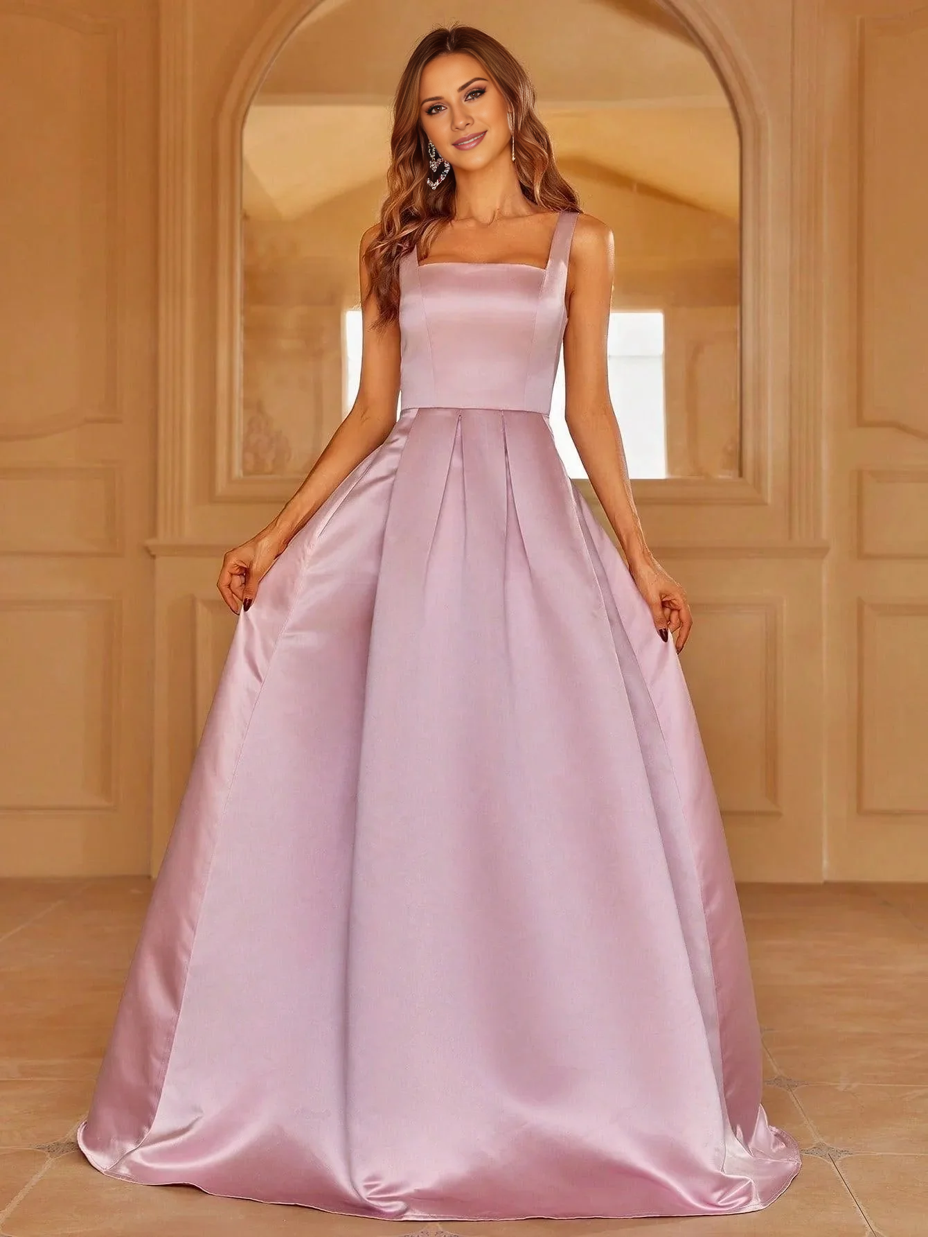 A-line square collar with back tie satin and floor length formal dress