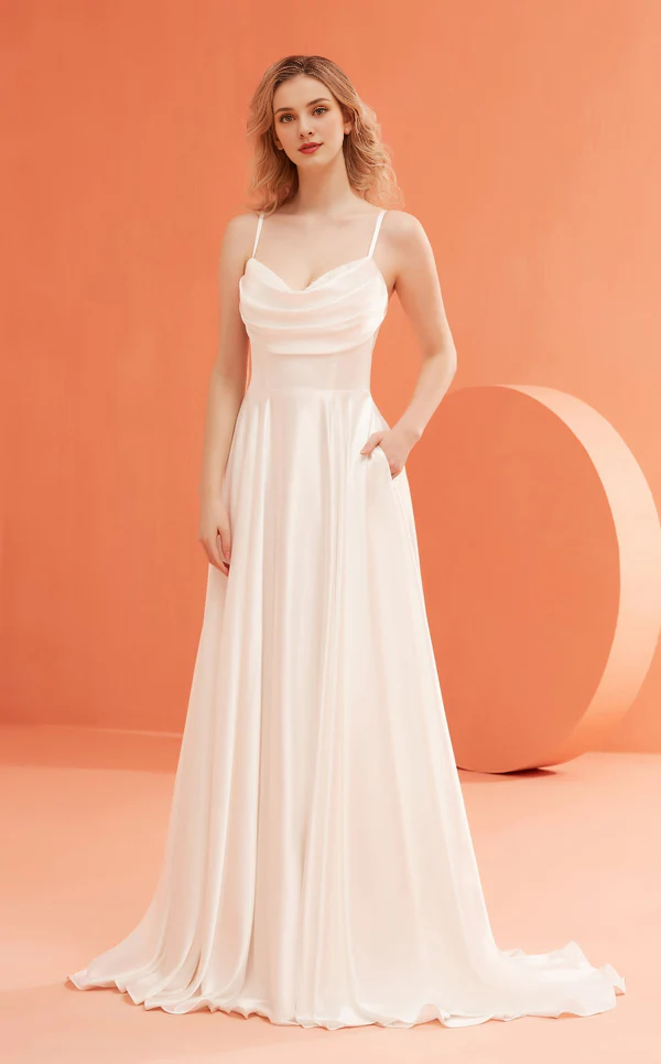 A-line V-neck slim shoulder strap sleeveless and floor length Prom dress