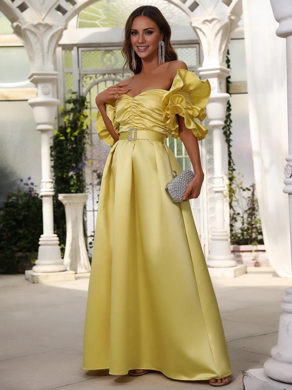 A-line pleated ruffled satin and floor length formal dress