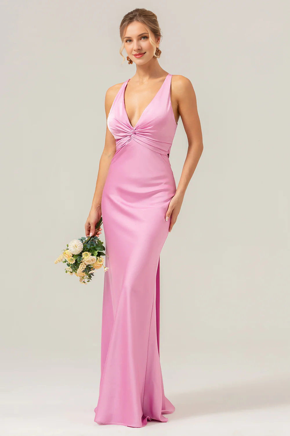 Pink fish tail deep V-neck pleated long bridesmaid dress
