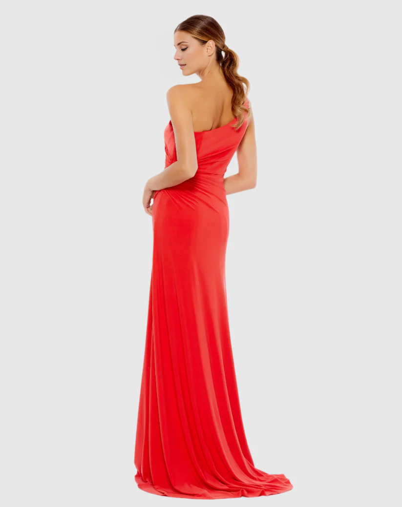 One shoulder neckline sleeveless side slit floor length evening dress