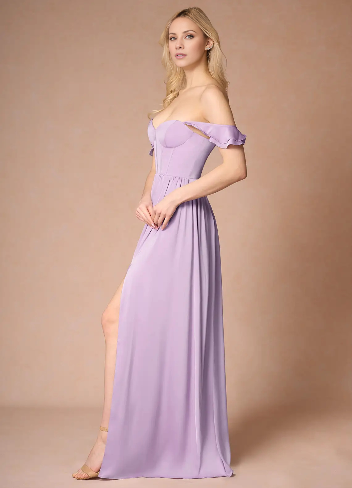 Jimiss A-line off shoulder side slit backless and floor length Prom dress