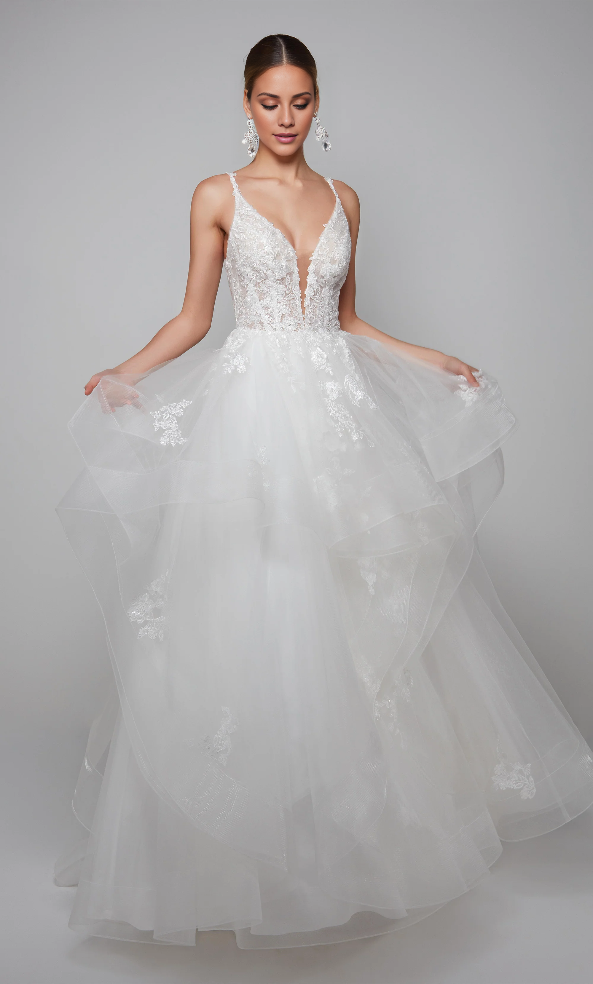 Thin gauze lace deep V-neck tied back transparent tight corset and floor length wedding dresses