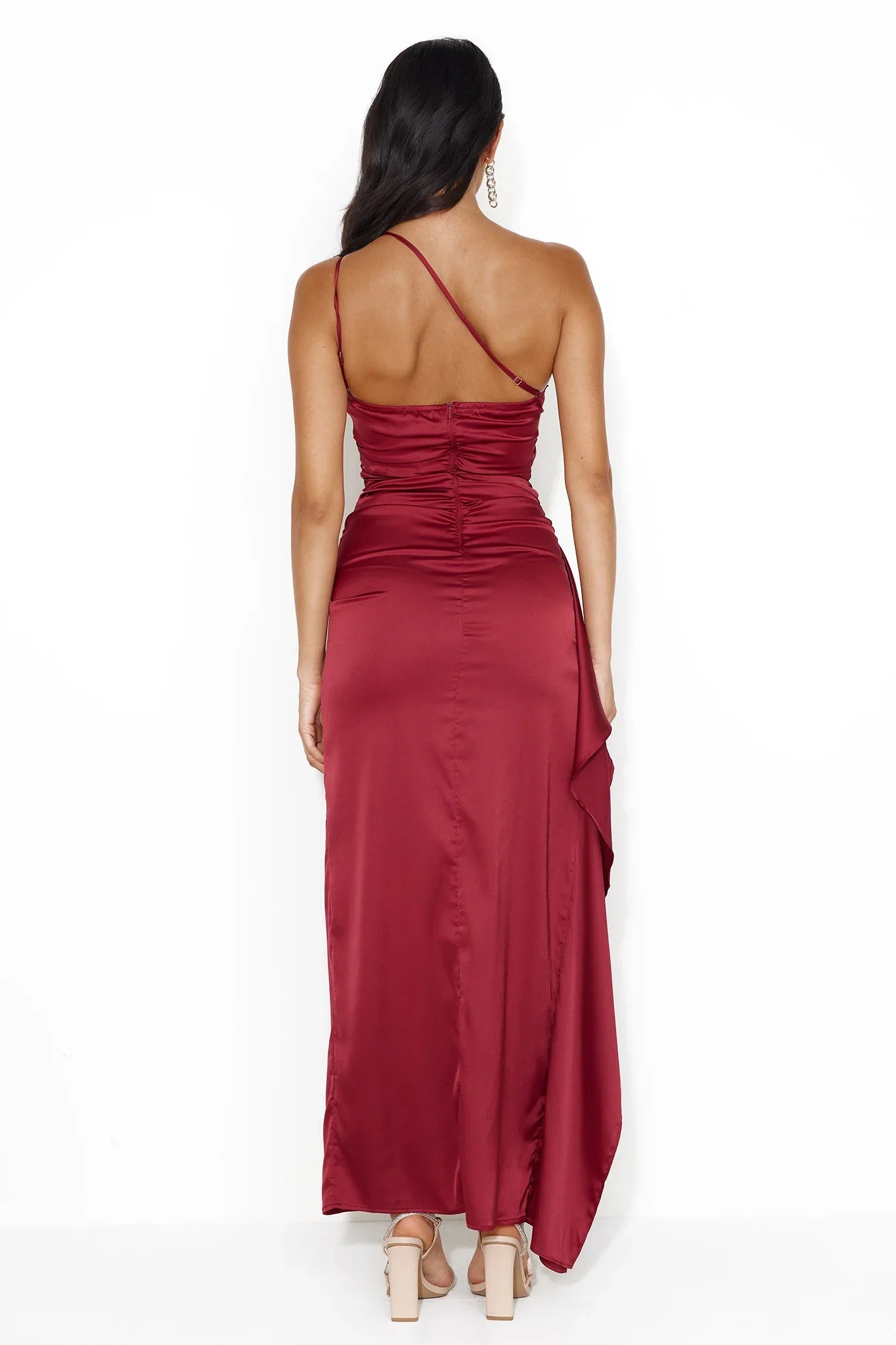 Jimiss single shoulder backless satin side slit and floor length Prom dress